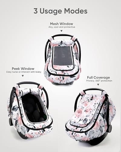 Sweetwavet Car Seat Cover Baby Girls, Infant Car Seat Canopy Outdoor, 2 Layers with Mesh and Sun Shade Window for Summer Winter, Easy Access Carseat Covers Snug Fit Baby Stroller - Pink Floral thumbnail 2