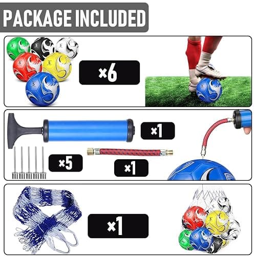 DHYLRICHER 6 Pack Size 5/4/3 Soccer Balls for Training & Matches – Official Size & Weight, Includes Carry Net, Needles, Air Pump – Ideal for Youth and Adult Players thumbnail 5