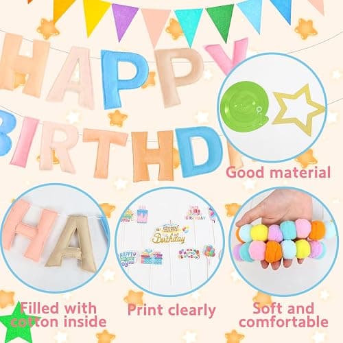 Pre-Strung 3D Felt Happy Birthday Banner Decorations, Macaron Color Birthday Decorations Felt Pom Pom Garland Triangle Fabric Banner Balloons Hanging Swirl Cake Toppers For Girls Boys Women Men Handmade Reusable Birthday Decorations Supplies thumbnail 4