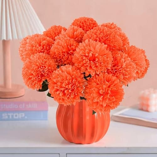 Hananona 12 Pcs Artificial Chrysanthemums Flowers Marigolds Ball Flower, Orange Fake Mums Silk Fall Flowers for Autumn Dia de Los Muertos Home Decor Day of The Dead Table Centerpiece (12, Orange) thumbnail 2