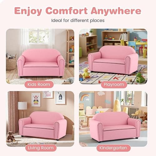 Costzon Kids Couch, 2 in 1 Double Seat Children's Sofa w/Under Seat Storage, PU Leather Surface, Toddler Armrest Chair, Kids Room, Soft Children Pink Sofa with Storage for Preschool Baby Girls Gifts thumbnail 5