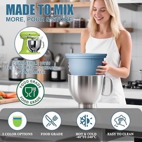 GuanQiao Silicone Bowl Liners for 5 Qt KitchenAid Mixers, 3 Liners with Lids, Blue/Beige/Green thumbnail 5