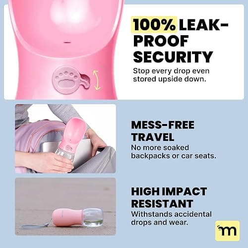 MalsiPree On the Go Dog Water Bottle - 12 oz Pink, Leak-Proof | 12oz leak-proof bottle & built-in bowl - one-hand use - Use for dog travel, hiking, park & beach days thumbnail 3