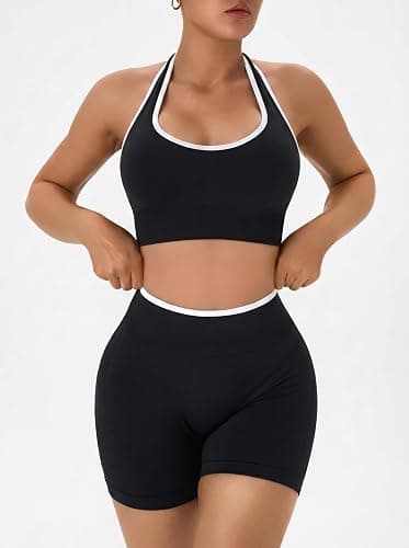 OLCHEE Workout Sets for Women 2 Piece Backless Halter Sports Bra High Waist Booty Shorts Yoga Gym Outfits Lounge Activewear thumbnail 4