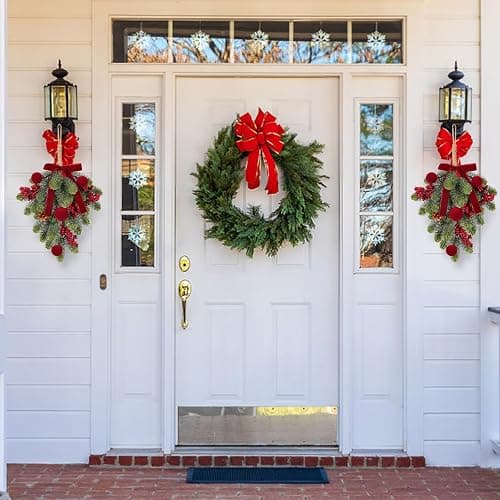 Super Holiday Christmas Decorations, 2PCS Artificial Green Plant Front Door Wreaths Hanging Decoration with Velvet Bow/Ball/Berry, for Winter Home Indoor Outdoor Wall Holiday Decor.(Burgundy) thumbnail 4