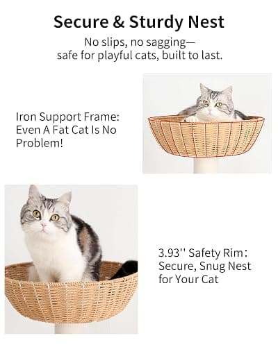 PETTIFUL Modern Cat Tree for Large Cat, 57-Inch Tall Cat Tower with Scratching Post for Indoor Cats, Multi-Level Cat Condo with Hand-Woven Cat Bed and Acrylic Bowl (White 81007DD) thumbnail 5