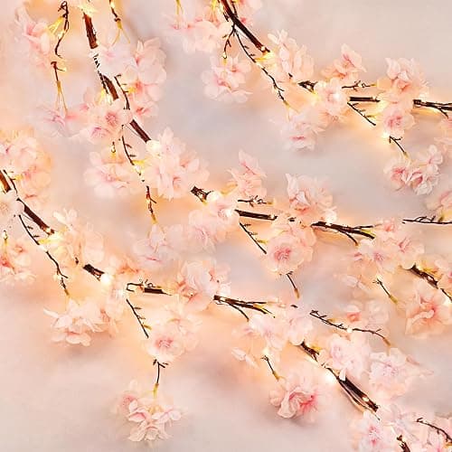 obbsie 6FT Lighted Cherry Blossom Garland with 100 Fairy Lights Timer Battery Operated Artificial Cherry Blossom Flower Vines with Lights for Mantle Home Fireplace Wedding Party Office Decor - Image 1