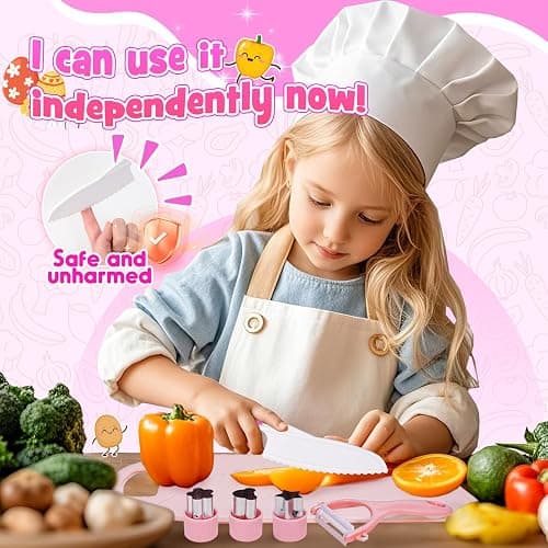 9 Pcs Kids Safe Knife Set for Real Cooking, Kids Kitchen Knife Set with Cutting Board,Crinkle Cutter,Sandwich Cutter, Montessori Kitchen Tools for Toddlers Kid 3-10 Years Old Girl Boy Birthday Gifts thumbnail 4