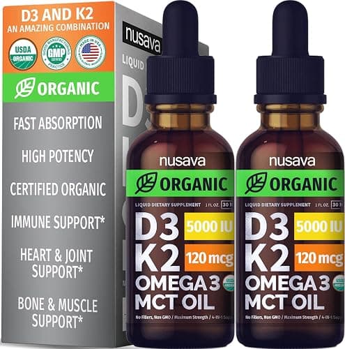 (2 Pack) Organic Vitamin D3 K2 Drops with MCT Oil Omega 3, 5000 IU, Maximum Strength Vitamin D Liquid, No Fillers, Non-GMO Liquid D3 for Faster Absorption and Immune Support (Unflavored, 2 Fl Oz) - Image 1
