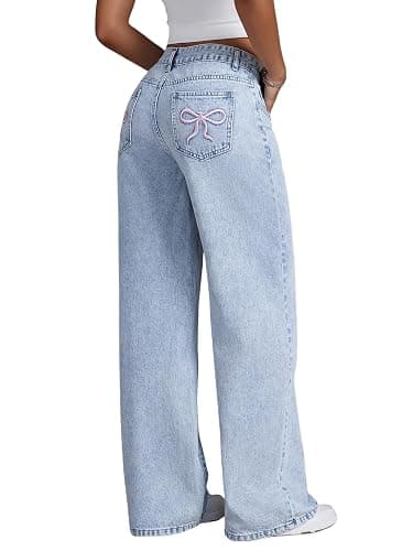 Peakpride Jeans for Teens Girls Baggy Wide Leg Elastic Waist Bowknot Embroidery Denim Pants Y2K Trendy Streetwear 12-16Y - Light Wash - 14 Years - Image 1