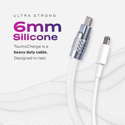 STATIK TsumoCharge iProduct to USB C Charger Cable - 6FT/2M Heavy Duty Unbreakable Silicone 27W Fast Charger, White thumbnail 8