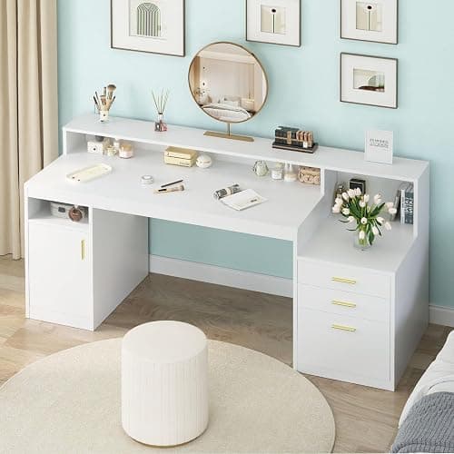 YOMILUVE Computer Desk with 3 Drawer & Storage Shelves, Home Office Desk with File Drawer & Cabinet, Writing Study Table with Long Monitor Stand & Printer Shelf, Executive Desk, White thumbnail 7