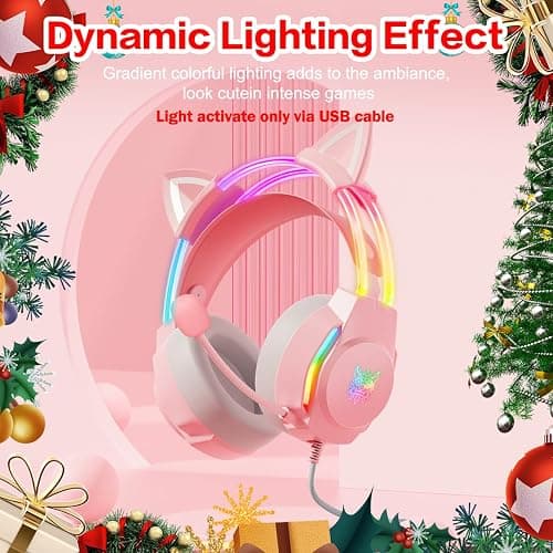ONITOON Gaming Headset with Microphone, Cat Ear Headphones for PC Laptop PS4 PS5 Xbox Switch, Rainbow RGB Lighting & Virtual Surround Sound, 3.5mm Wired Over Ear Headphones, Ergonomic thumbnail 2