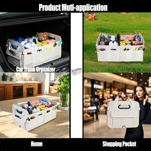 Zhiyanz Car Suv Trunk Organizer,Sturdy Storage Organizer for Car Accessories,Tools,Sundries.Upgraded 4 Carrying Handles,72L,Foldable,Waterproof,Multi Compartment,2 Straps for Fixation (Beige) thumbnail 5