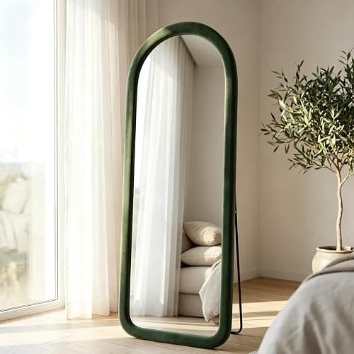 NEUWEABY Full Length Mirror 56"x20" Arch Floor Mirror with Stand Arched Full Body Mirror Standing Hanging or Leaning Against Wall for Bedroom Flannel Wrapped Wooden Frame, Green thumbnail 2