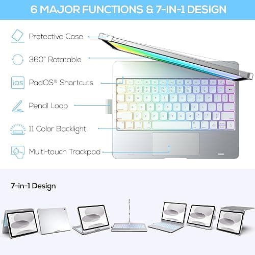 typecase Touch iPad 11th 10th Generation Case with Keyboard (11" 2025, A16 & 10.9" 2022) – 360° Rotatable, 11-Color Backlit, Multi-Touch Trackpad, Pencil Holder, Thin & Light – Silver thumbnail 4