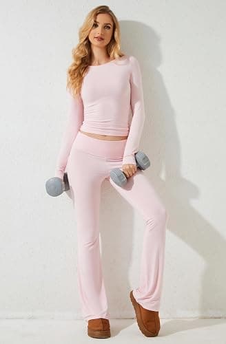 MISSACTIVER Women's Two Piece Outfit Basic Long Sleeve Crop Top and Low Rise Flare Pants Set Lounge 2 Piece Yoga Tracksuit thumbnail 2