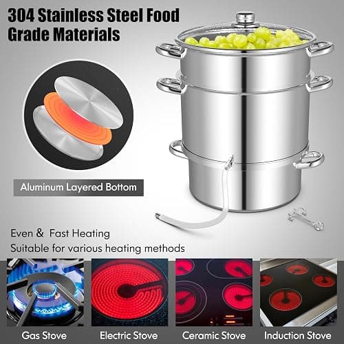 Giantex 11 Quart Juice Steamer Fruit Vegetables Juicer Steamers w/Tempered Glass Lid, Hose, Clamp, Loop Handles Stainless Steel Steam Juicer Multipots Kitchen Cookware for Making Juice, Jelly, Pasta thumbnail 4