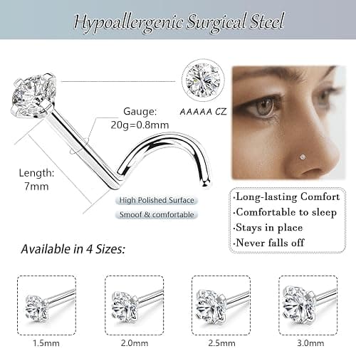 Nose Rings Studs: 8Pcs 20G/18G Gold/Silver 316L Surgical Stainless Steel Nose Studs Hypoallergenic Corkscrew Nose Piercing Stud Jewelry for Women Men Clear Cubic Zirconia Imitation Diamond Top Size 1.5mm 2mm 2.5mm 3mm thumbnail 2