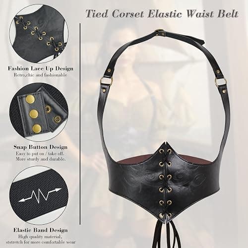 Aprceo Corset Belt for Women, Elastic Waist Lace-up Faux Leather Gothic Costume Waspie Corset Belt for Renaissance Cosplay thumbnail 3