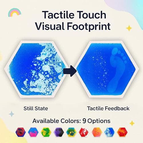 JUEOQOY Sensory Floor Tiles for Kids Ages 3+ – Hexagon Step-On Tiles with Textured Non-Slip Base, Colorful Liquid Motion for Interactive Play in Playroom or Classroom (9 Pack) thumbnail 5
