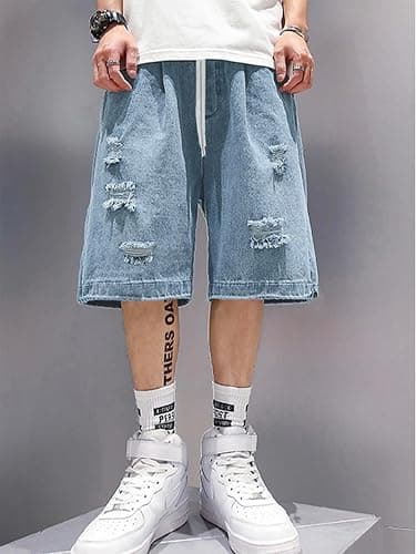 EMMIOL Baggy Jean Shorts Men, Y2k Jorts Cargo Ripped Elastic Waist, Mens Denim Shorts Comfy Casual Streetwear Summer thumbnail 2
