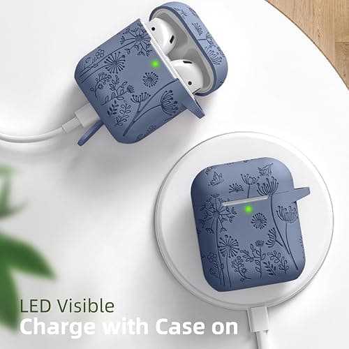 Lerobo Flower Engraved Case for AirPods Case Cover, Stylish Soft Silicone Protector with Keychain, Compatible with Apple AirPods 1st/2nd Generation Charging Case, Front LED Visible, Blue Gray thumbnail 8