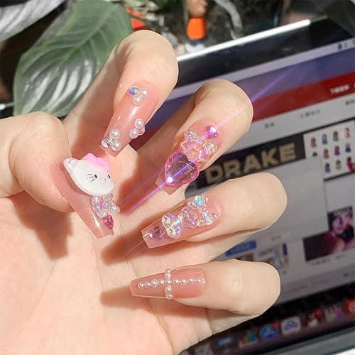24PCS French Pink Kitty Press on Nails,Y2K Long Coffin with Rhinestones And Pearl Design False Nails,Cute Kawaii 3D Cartoon Fake Nails,Trapezoid Full Cover Acrylic Nails for Women or Girls - Image 1