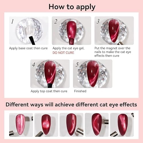 Bevimee Red Cat Eye Gel Nail Polish, Burgundy Red Magnetic Gel Polish | Moonlight Cateye Gel Polish With Magnet Wine Red Holographic Shimmer UV Velvet Manicure Salon DIY Home, 12ML thumbnail 7
