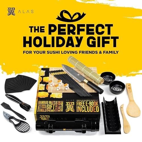 Alas Sushi Making Kit- Complete Sushi Making Kit for Beginners & Pros Sushi Makers, Perfect Sushi Making Kitchen Accessories Like Sushi Knife, 2 Sushi Mats, Rice Bazooka, Dipping Plate, & More (Black) thumbnail 2
