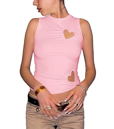 KIGRAD Women Y2k Love Heart Cut Out Ruched Crop Tank Tops Tight Fitted Crewneck Asymmetrical Vest Clean Girls Coquette - Small - Pink