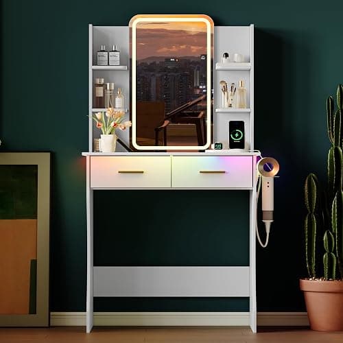 Xixini Vanity Desk with LED Lights Mirror & Power Outlet, Small Makeup Vanity Table Set with Storage Drawers, 3 Lighting Modes & Adjustable Brightness, Dressing Table for Women Girls Bedroom, White thumbnail 9