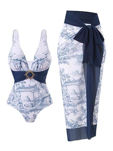 SherryDC One Piece Swimsuit with Cover up Wrap Skirt Sarong Floral Print Plunge V Neck Bathing Suit for Women - Image 1