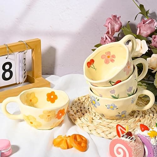 MAKCNMYM Ceramic Coffee Mug Vintage Flower Mugs 8 oz Cute Floral Coffee Mugs Irregular Latte Art Cup Lead-free Porcelain Cups for Cappuccino, Cocoa (4 Pack) thumbnail 3