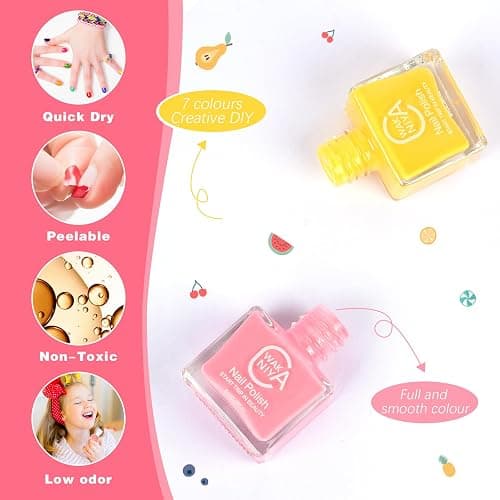 wakaniya Kids Non Toxic Nail Polish Set for Girls with Gems Nail Stickers, 7 Color Peel-Off Low Odor Nail Polish for Toddler thumbnail 4