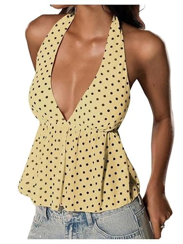 Milumia Women's Polka Dots Tie Backless Halter Top V Neck Going Out Tops | Peplum Shirt,Ruffle Hem,Baby Doll Top,Cute,Sheer Mesh,Date Night,Clubwear,Dressy - Image 1