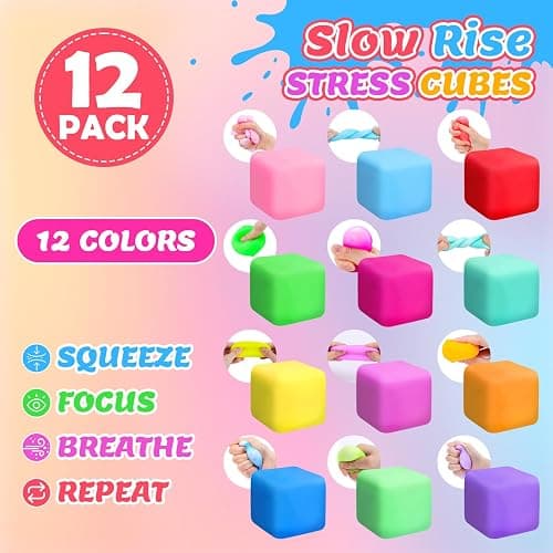VISCOO 12 Pack Slow Rising Stress Cube, Stress Balls Fidget Squishy Toys | Squeeze Toy for Anxiety Relief, Pull Stretch Squishy Ball for Classroom Prize, Party Favors for Kids Adults thumbnail 4