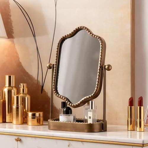 HuiDao Vintage Makeup Mirror with Tray, 360° Rotatable Antique Table Vanity Mirror with Stand, Metal Retro Desktop Dressing Mirror for Home Decor, Countertop, Bedroom, Bathroom, Living Room thumbnail 6