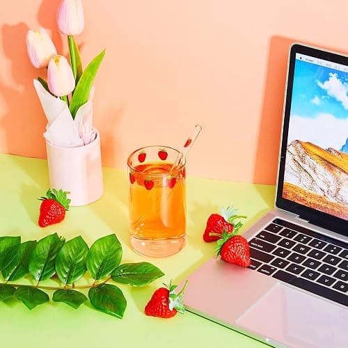 Tessco for you 2 Sets Strawberry Cups Nana Strawberry Glass Cup with Straw Glass Tumbler Drinking Cherry Clear Tumbler Berry Pattern Glasses Bottle for Juice Water Milk Coffee Tea(Lovely) thumbnail 7