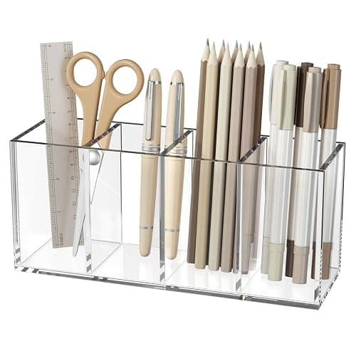 NIUBEE Acrylic Pen Holder 4 Compartments, Clear Pencil Organizer Cup for Countertop Desk Accessory Storage - 4 Cube - Clear - Image 1
