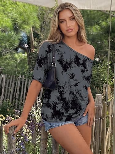 Trendy Queen Womens Off the Shoulder Tops Oversized T-Shirts Short Sleeve Tees Summer 2026 Casual Spring Clothes thumbnail 4