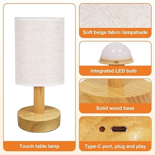 Puzipha Small Cordless Rechargeable Table Lamp, Touch Control Dimmable 2700K Warm Light, Natural Wood Base Linen Shade for Bedroom Dorm Nightstand thumbnail 9