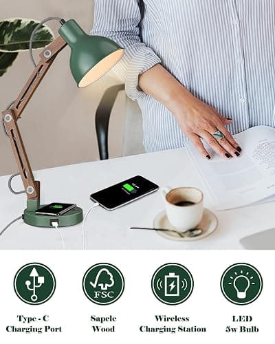 ELYONA LED Desk Lamp with Wireless Charger, Sapele Wood Reading Light with USB C Charging Port, Swing Arm Table Lamp for Home Office, College Dorm, Bedroom Living Room, Bulb Included, Vintage Green thumbnail 2