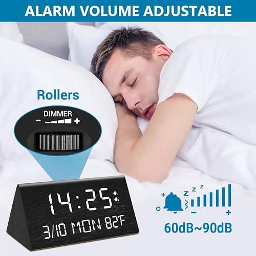 Kogonee Wooden Digital Alarm Clock, 0-100% Dimmer, 2 Alarm Settings, Weekday/Everyday Mode, 9 Mins Snooze, 12/24H, Temperature and Date Display for Office, Travel, Bedroom Alarm Clock (Black) thumbnail 6