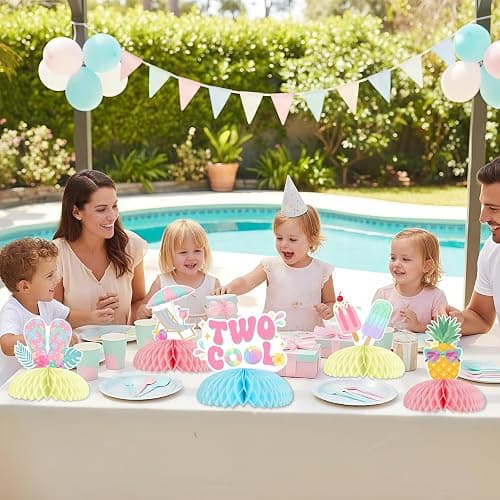 Funmemoir Two Cool Pool 2nd Birthday Honeycomb Centerpieces - 8 Piece Double Sided Summer Swimming Beach Theme Table Decor for Girls Second Birthday Party Macaron Color thumbnail 4