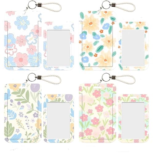 4 Stück Blumenmuster Kpop Photocard Holder mit Schlüsselanhänger, Sliding Hartplastik Kartenhülle, Card Sleeves, Niedliche Kartenhalter für Bus Card, Studentenausweis Ausweis, Bankkarte, Ausweishalter - Image 1