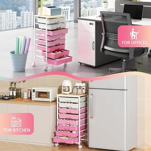 Goovilla Rolling Cart with Drawers, Utility Cart Organizer With 8 Removable Drawers and Wooden Tabletop, Lockable Rolling Storage Organizer for Art, Classroom, Home, Dorm, Office, Craft Storage, Pink thumbnail 9