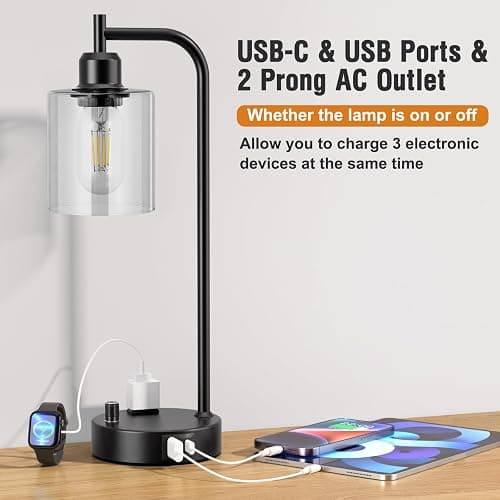 Industrial Nightstand Lamps for Bedrooms Set of 2 - Fully Dimmable Bedside Lamps with USB A C Ports and Outlet, Black Table Lamps with Clear Glass Shade for Living Room, Desk Lamps for Office Reading thumbnail 4