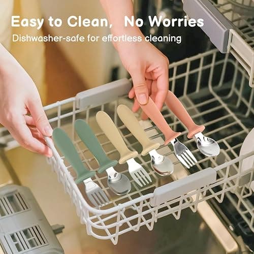 Eascrozn 6 Pack Toddler Utensils, kids Silverware with Silicone Handle, 18/8 Stainless Steel Children Safe Spoons and Forks Set Baby Feeding Essentials, Dishwasher Safe thumbnail 7