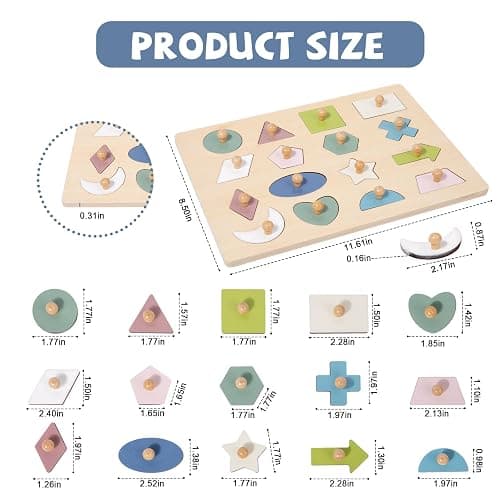 Adena Montessori Wooden Shape Peg 16 Piece Puzzle for Toddlers 2-4,Montessori Colorful Shapes Sorter Board,Geometric Color Matching Toys for Girls Boys 18-24 Months,Baby & Toddler Eearly Learning Gift thumbnail 2
